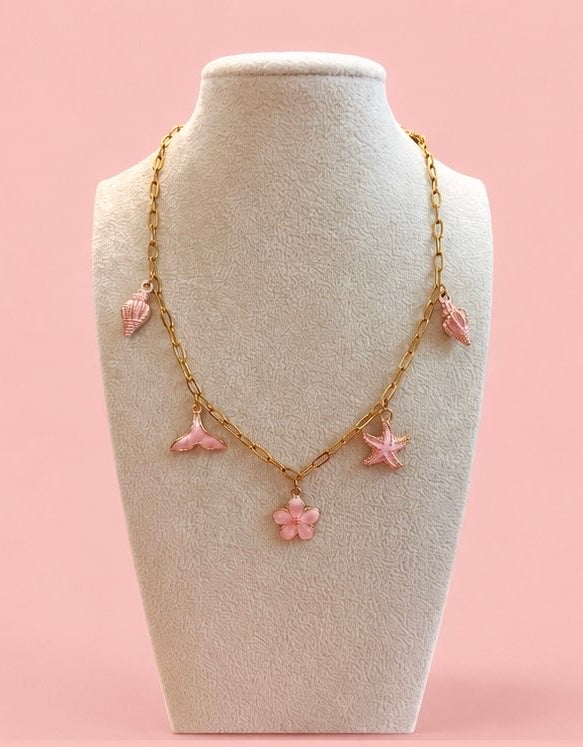 18K Gold Plated Pink Beach Charm Paperclip Necklace