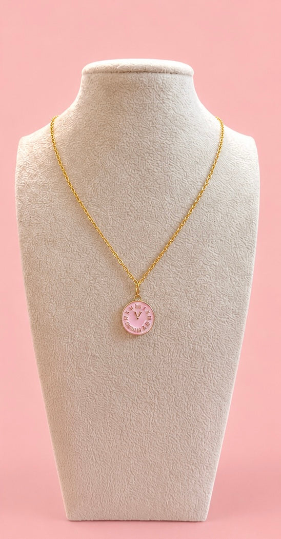 Gold Pink Vintage Clock Pendant Necklace