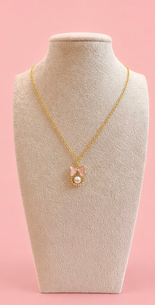 Gold Pink Bow Pearl Pendant Necklace